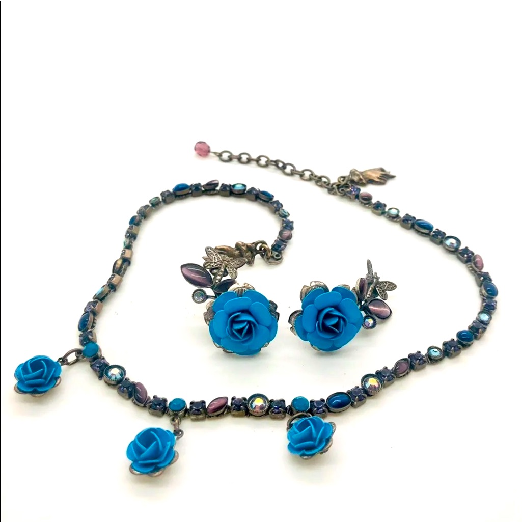 Vintage Mary Demarco Crystal Necklace Pierced Earrings Set
